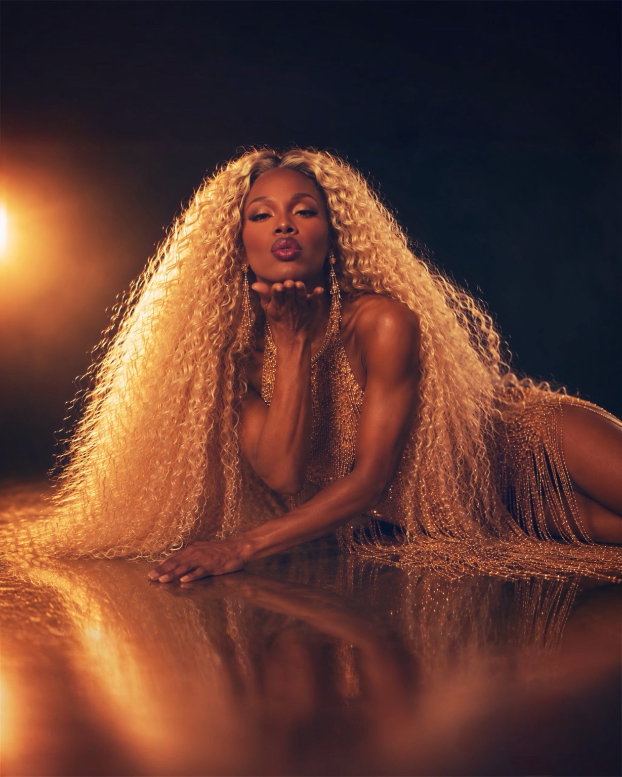 Dee blowing a kiss in a gold editorial portrait