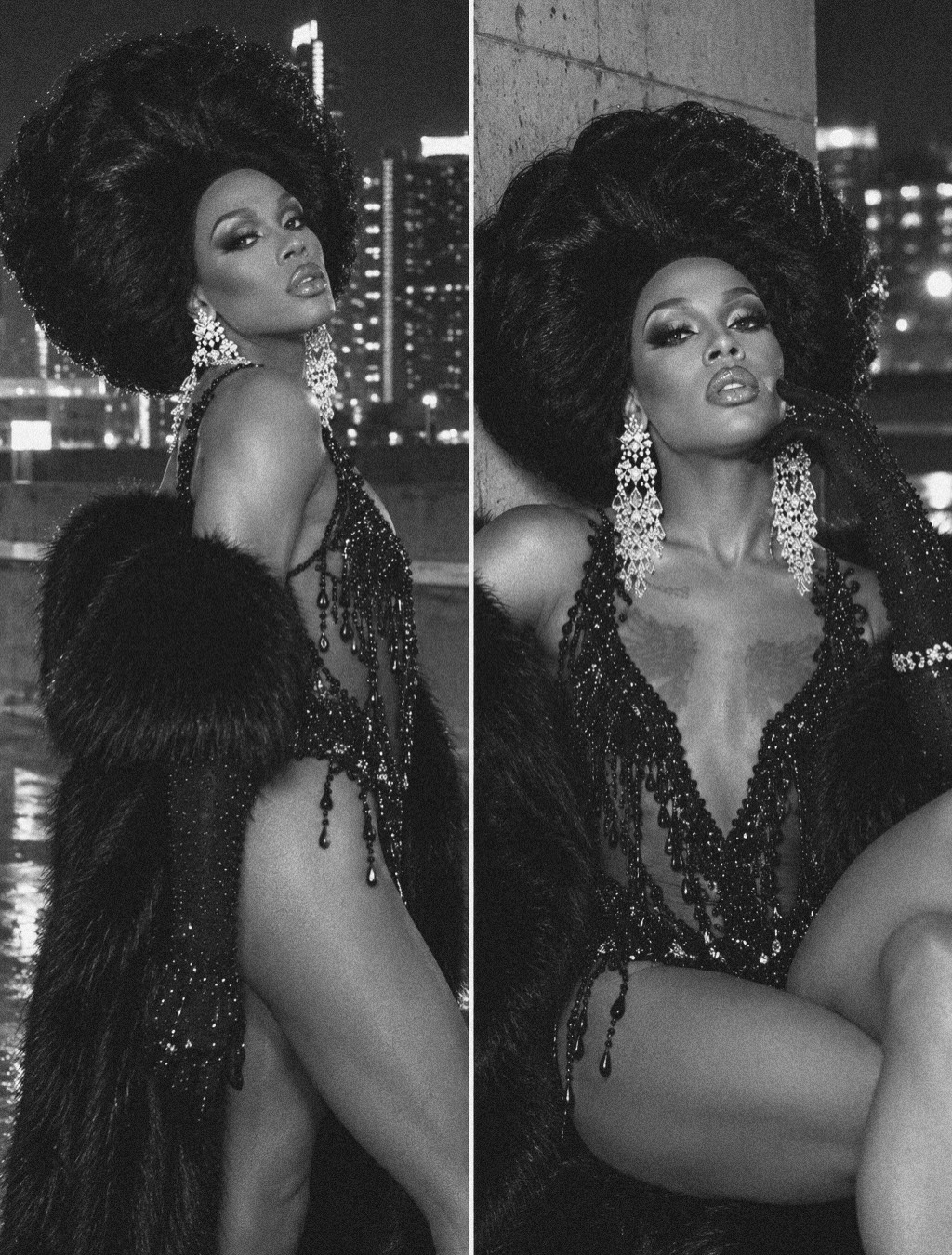 Black-and-white diptych of Dee Jiles in an Avis Pendavis tribute