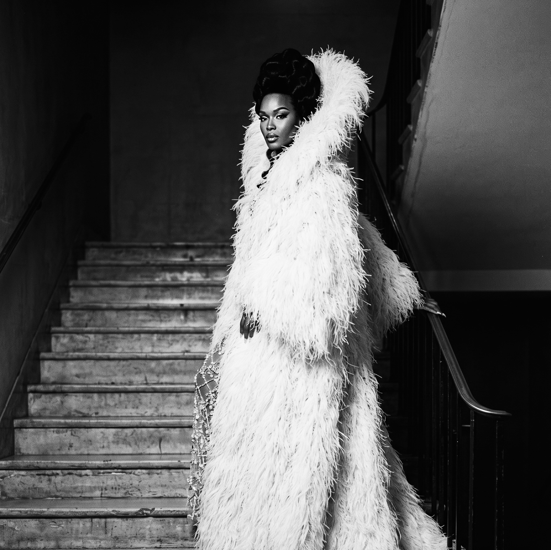 Black-and-white portrait of Dee Jiles on a grand staircase